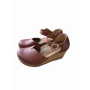 Papillio Birkenstock Wedge Mary Jane Clog Shoes Tan Leather Buckle Womens 8 39